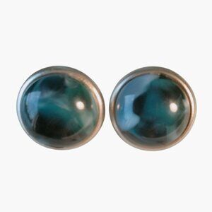 Blue Marbled Look Clip On Earrings Gold Tone Round Vintage